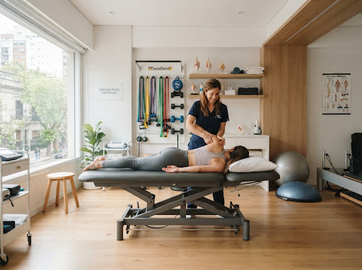 Consultorio de kinesiología luminoso con camilla hidráulica, bandas elásticas y elementos de rehabilitación motriz