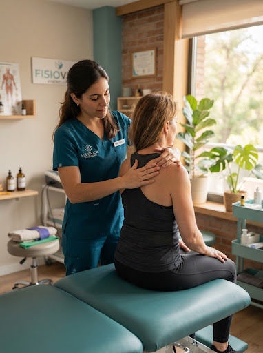 Sesión de rehabilitación kinésica postural en camilla médica orientada por profesional matriculada